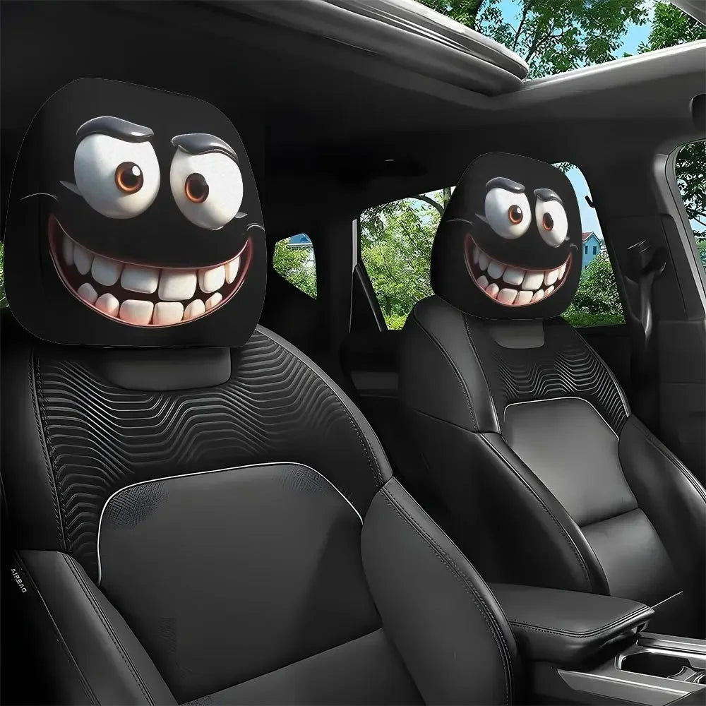 Black car seat covers featuring decorative smiley face designs for automotive upholstery