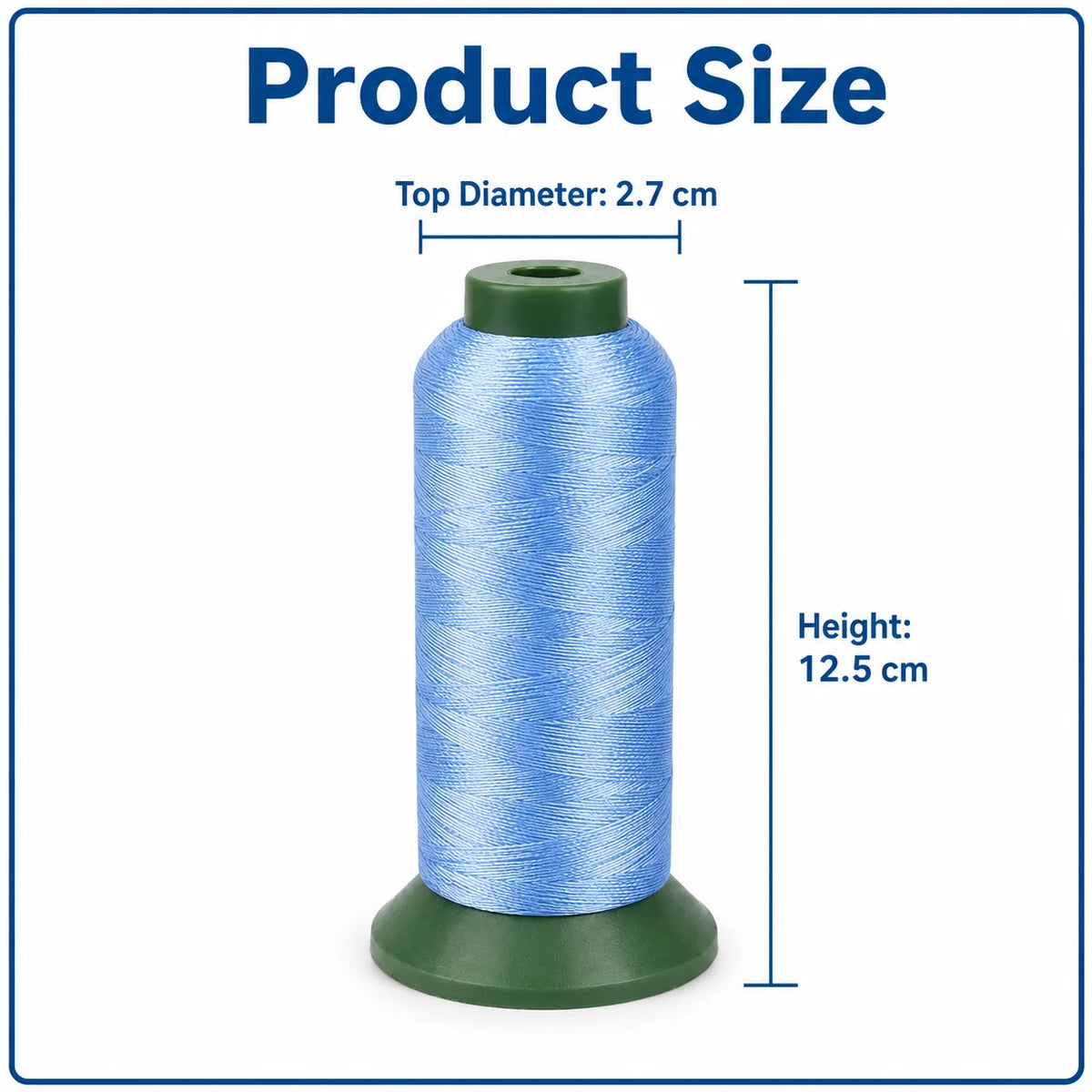 A roll of blue heavy duty 3-ply nylon sewing thread with a top diameter of 2.7 cm and a height of 12.5 cm.