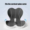 A gray ergonomic memory foam lumbar seat cushion is shown fitting the cervical spine curve.