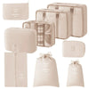 A set of nine beige mesh storage organizers and a matching pouch for portable organization.