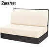 A pair of beige stretch jacquard seat covers for vehicle upholstery shown on a black base.