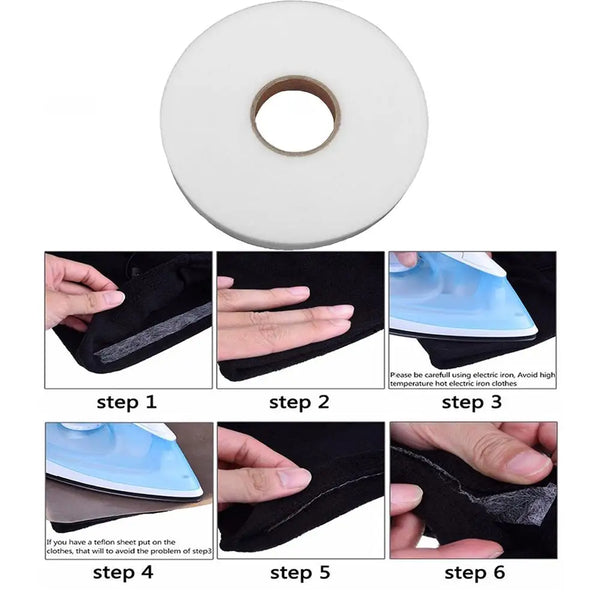 A six-step guide showing how to use double-sided fabric interlining tape for ironing clothes.