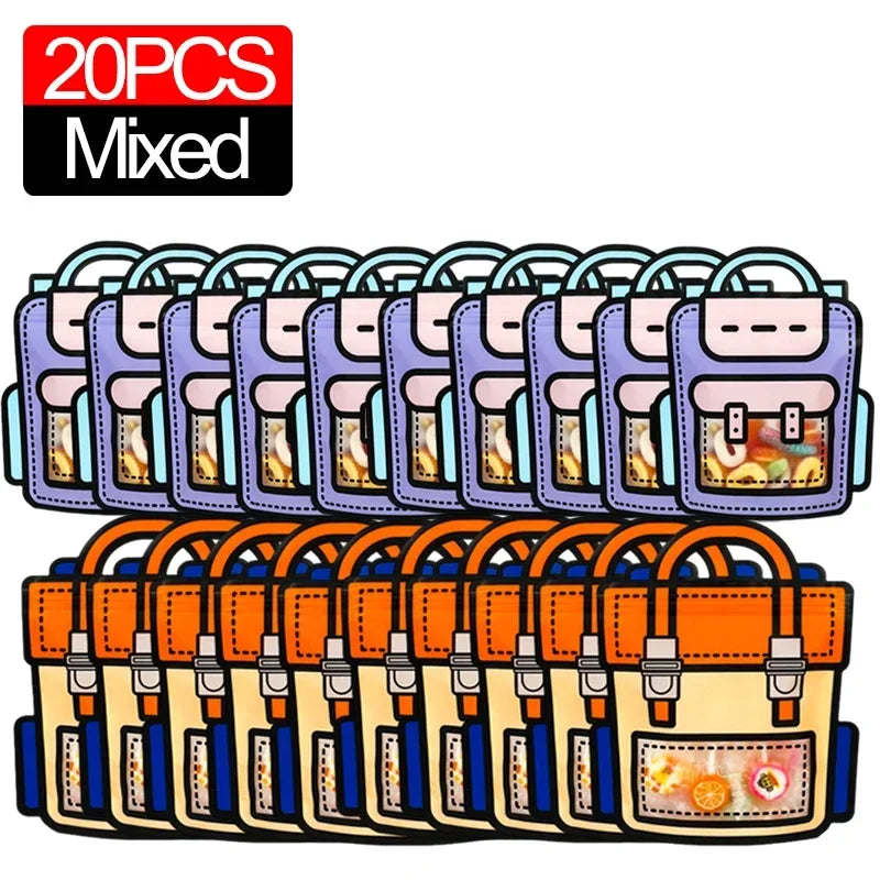 A set of 20 mixed cute cartoon birthday and party goodie bags in various colors.