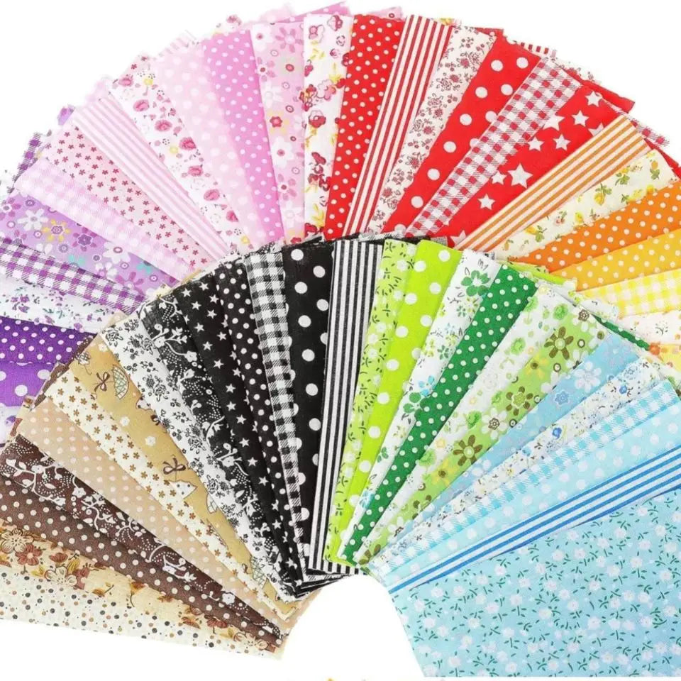 A fan display of colorful floral dot pattern cotton fabric squares for DIY crafting