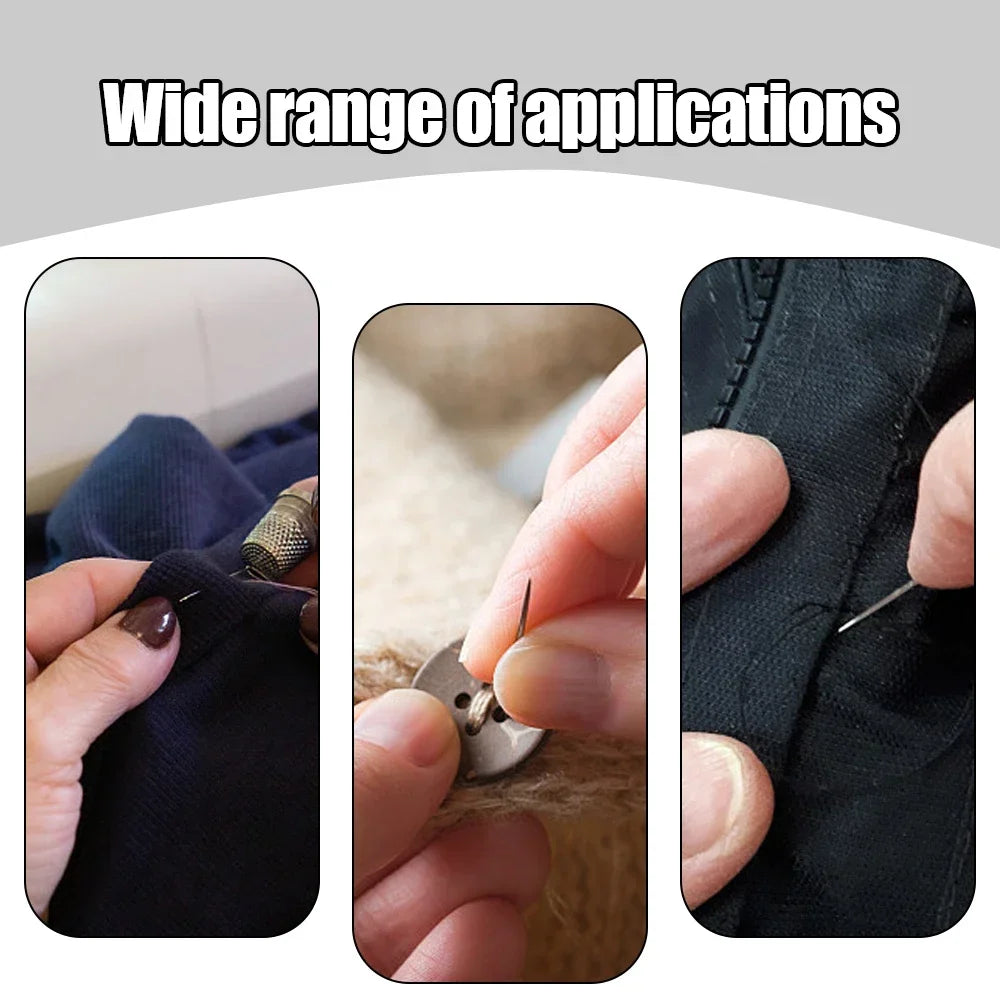 A hand sewing needle is being used to sew fabric, demonstrating the multi-size hand sewing needle set.