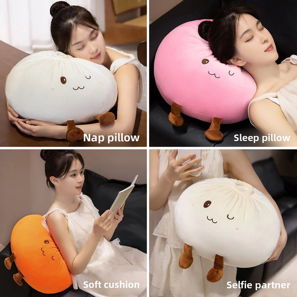 A collection of cute dumpling plush pillows including a nap pillow, sleep pillow, soft cushion, and selfie partner.