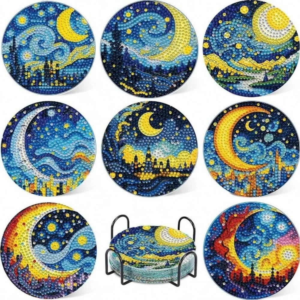 A set of diamond painting coasters featuring celestial and landscape designs on blue and yellow backgrounds.