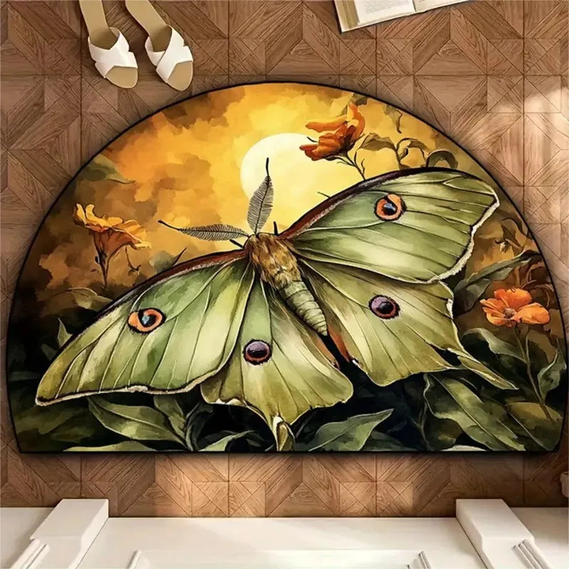 A painting of a green dragonfly with orange and yellow floral elements set against a warm, golden background.