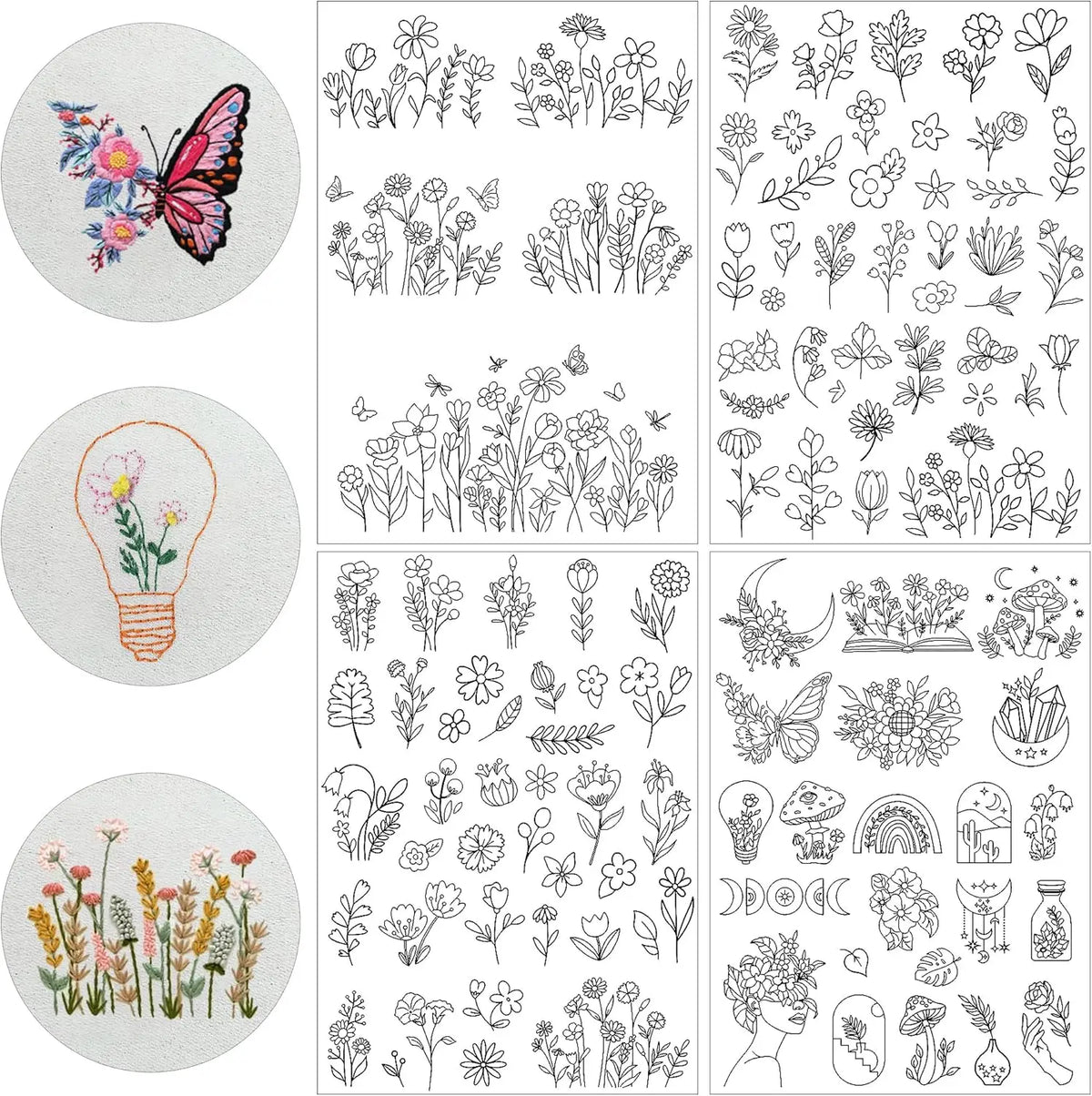 A collection of black and white line drawings featuring floral and butterfly patterns for embroidery stabilizers.