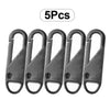 Five metal zipper slider puller repair tools are displayed against a white background.