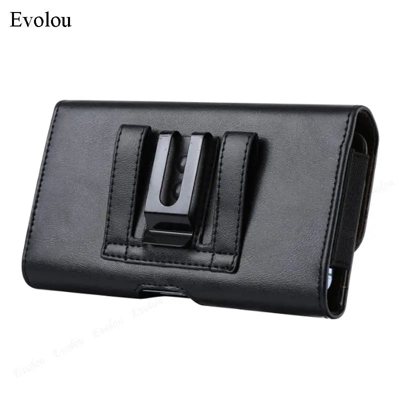 Black leather phone pouch with a magnetic belt clip.