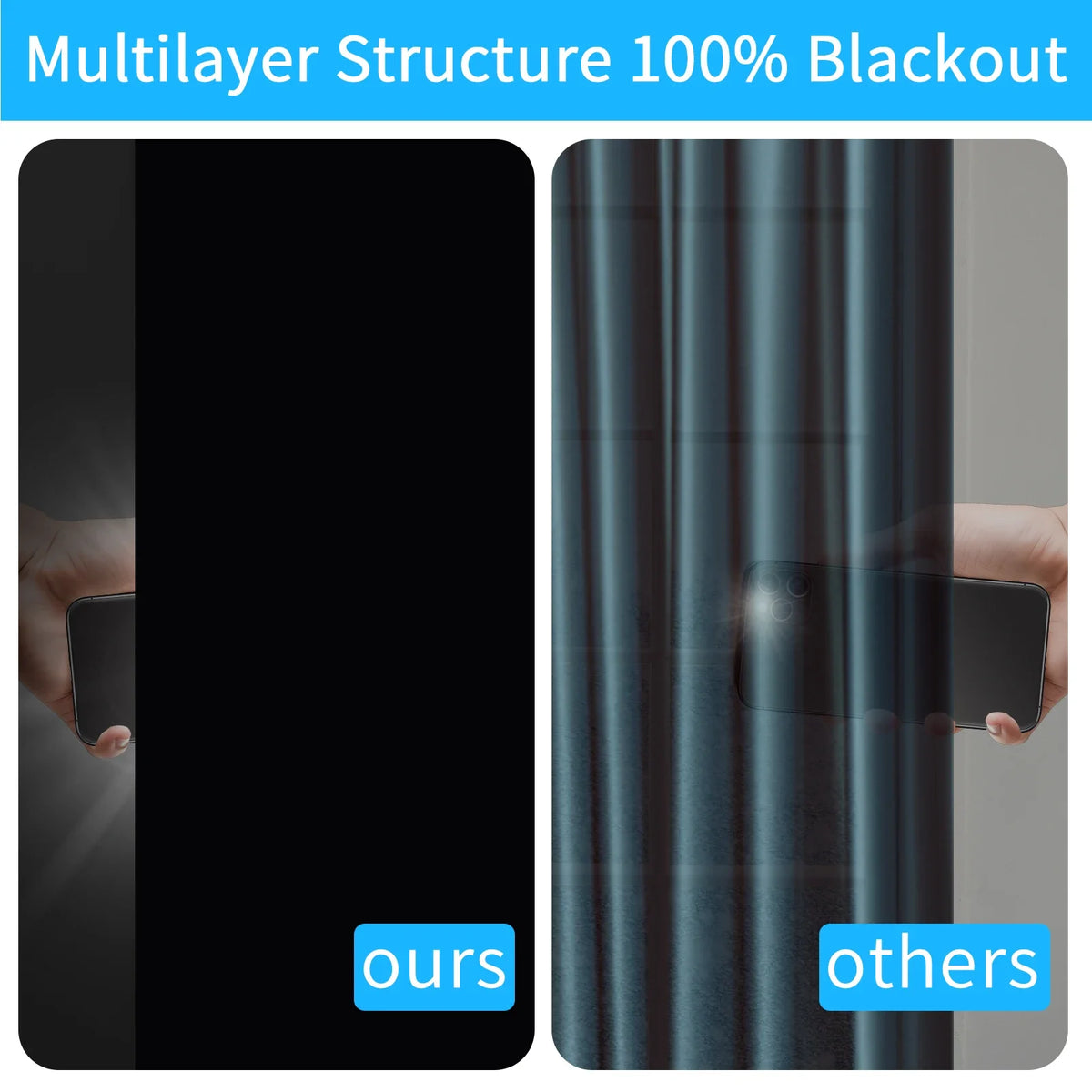 A comparison showing a multilayer blackout window shade product versus others.
