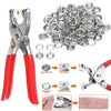 A set of metal prong rings and snap buttons used as DIY sewing tools, shown with various components.