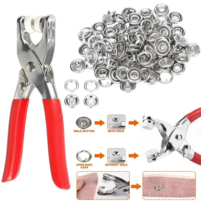 A set of metal prong rings and snap buttons used as DIY sewing tools, shown with various components.