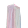 A sheer pink and white rainbow mesh mosquito netting canopy hanging vertically.