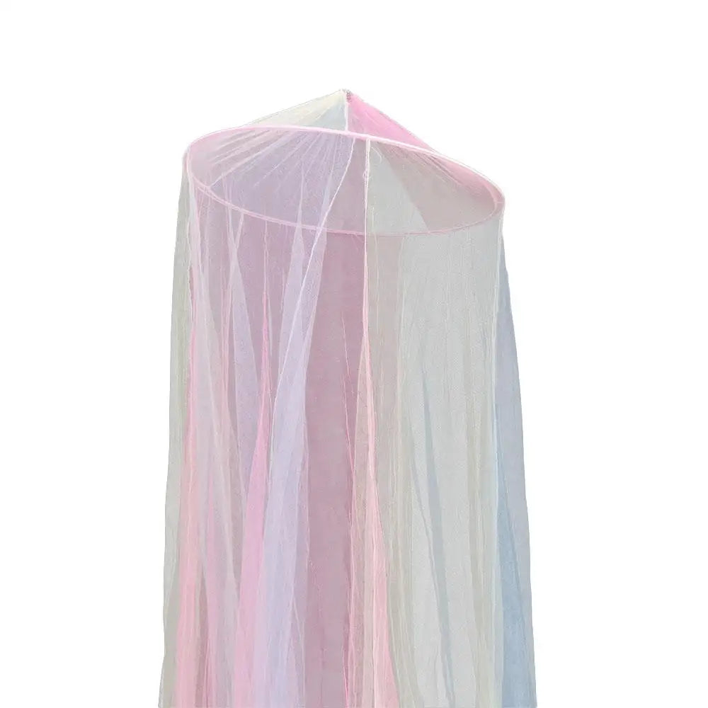 A sheer pink and white rainbow mesh mosquito netting canopy hanging vertically.