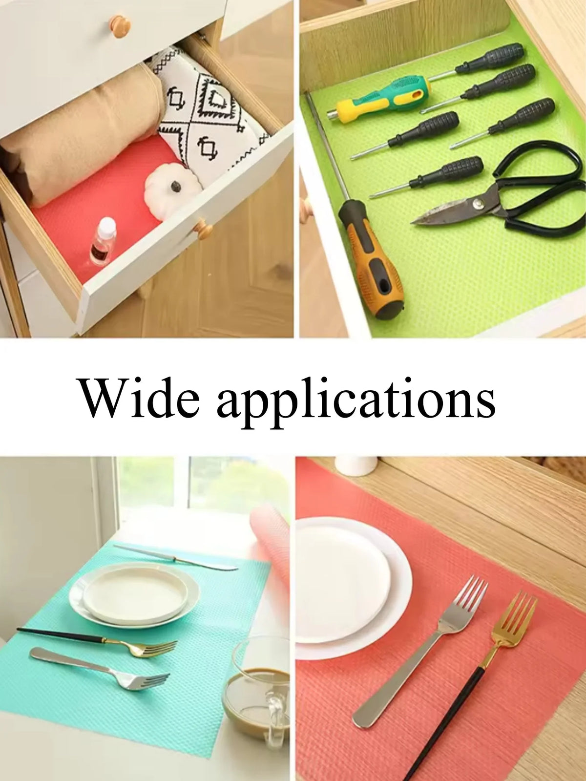 Reusable silicone fridge and drawer liners shown in various applications like kitchen drawers and food preparation surfaces.