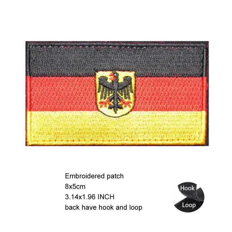 Embroidered German flag patch featuring a black, red, and gold horizontal design with an eagle emblem.