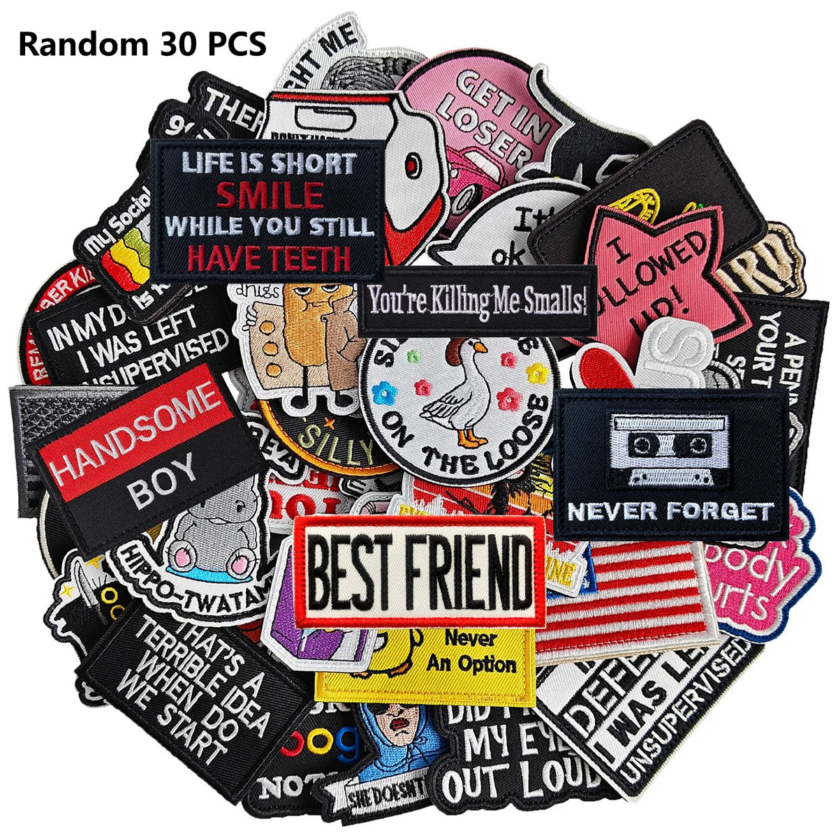A collection of random embroidered patches featuring various text and designs.