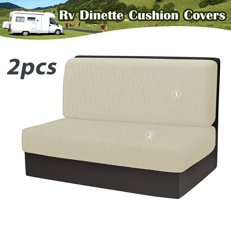 Two beige cushion covers for an RV dinette seat with anti-slip backing.