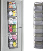 A vertical fold-over storage organizer with multiple clear pockets for holding small items like toys or accessories.