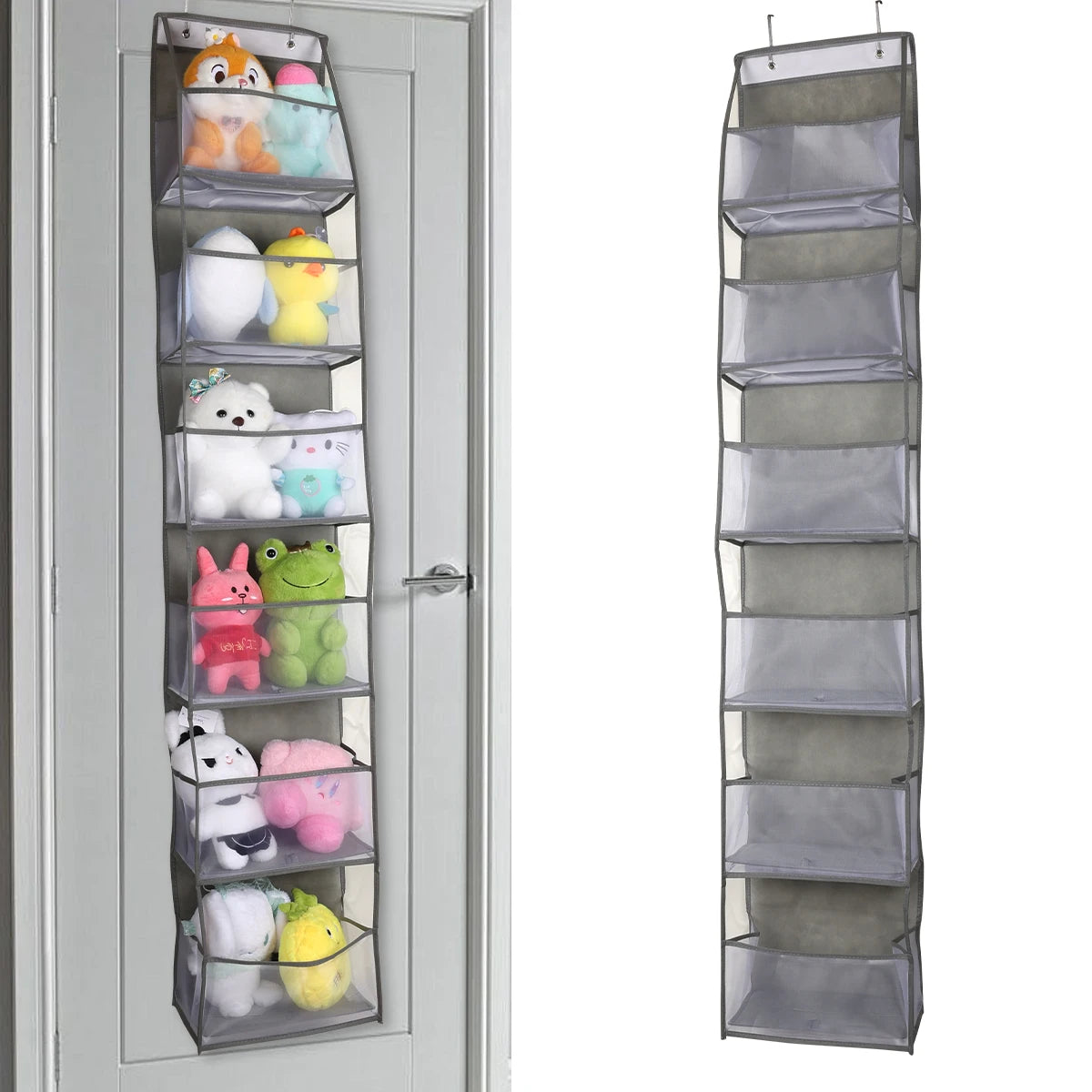 A vertical fold-over storage organizer with multiple clear pockets for holding small items like toys or accessories.