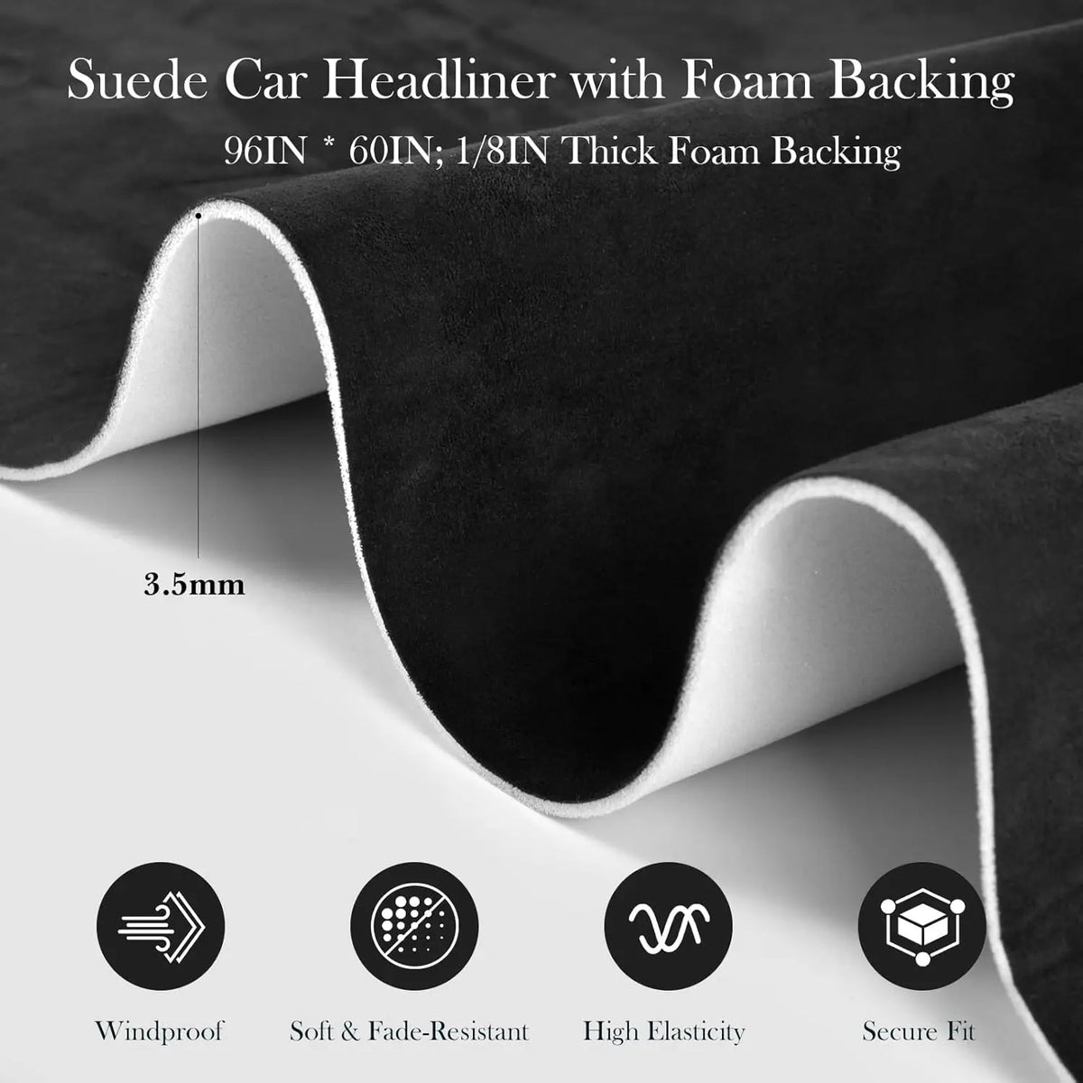 A close-up view of a black suede car headliner fabric rolled out, showing its thickness and features.