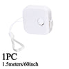A white retractable double-sided measurement tape with a white cord, packaged as one piece.