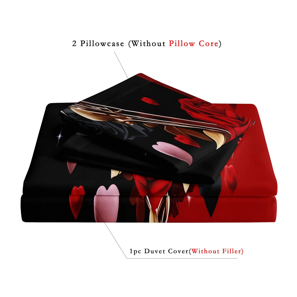 A set of bedding featuring a heart crown rose pattern, including two pillowcases and one duvet cover.