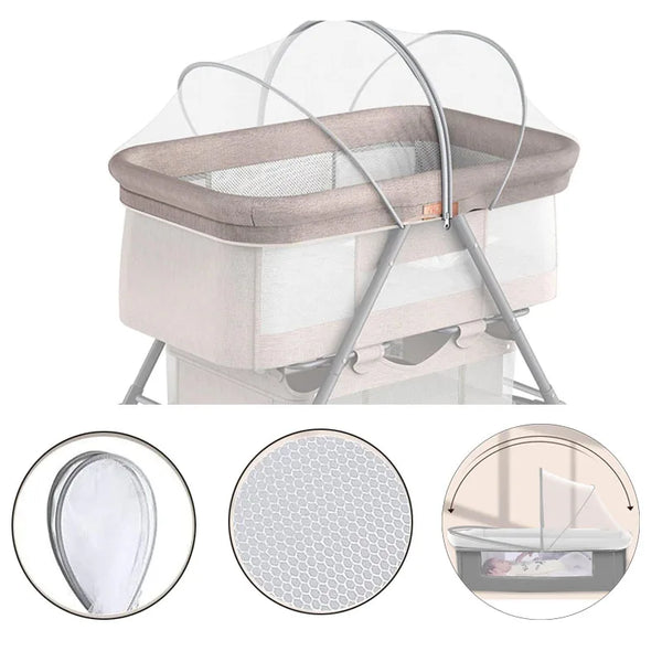 A portable mosquito net cover for baby bassinets and car seats shown with close-ups of the mesh material and the assembled pr