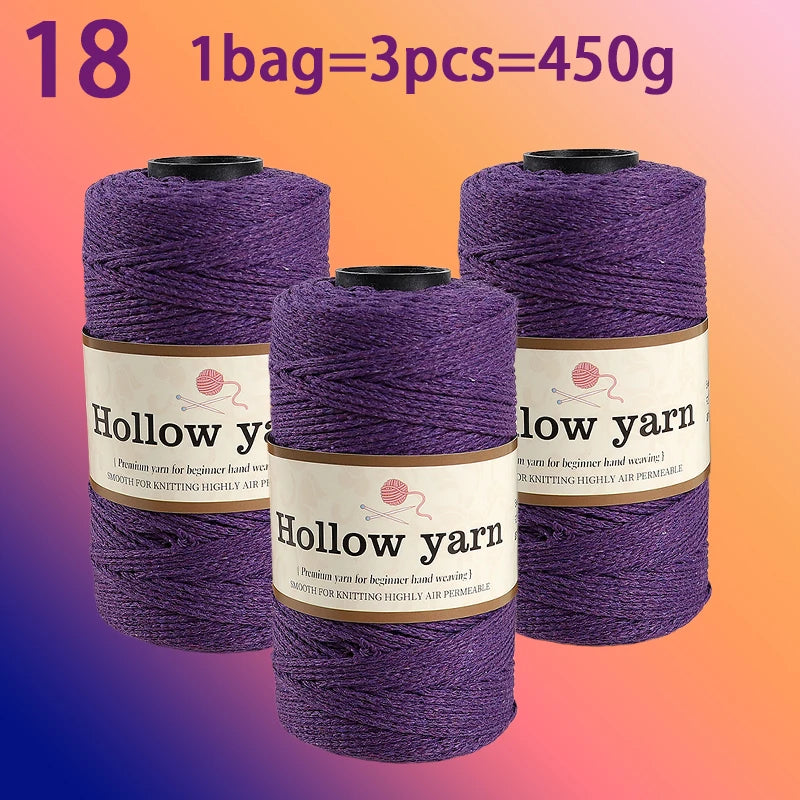 Three spools of Hollow yarn, 1 bag equals 3 pieces, totaling 450g for knitting and crochet.