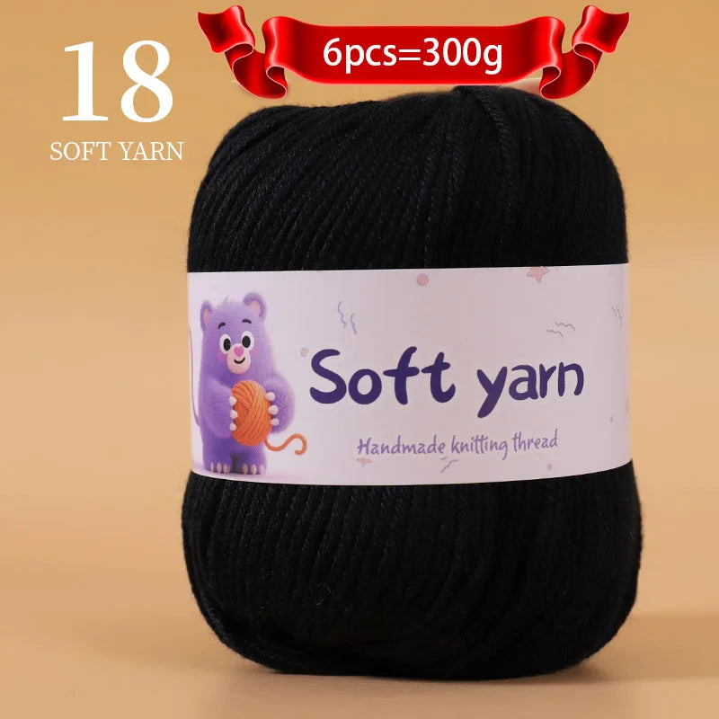 A skein of black soft yarn labeled as 18 soft yarn, with a tag indicating 6 pieces equal to 300g.