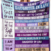 A purple and gray printed throw blanket featuring inspirational text about a daughter-in-law's love and blessing.