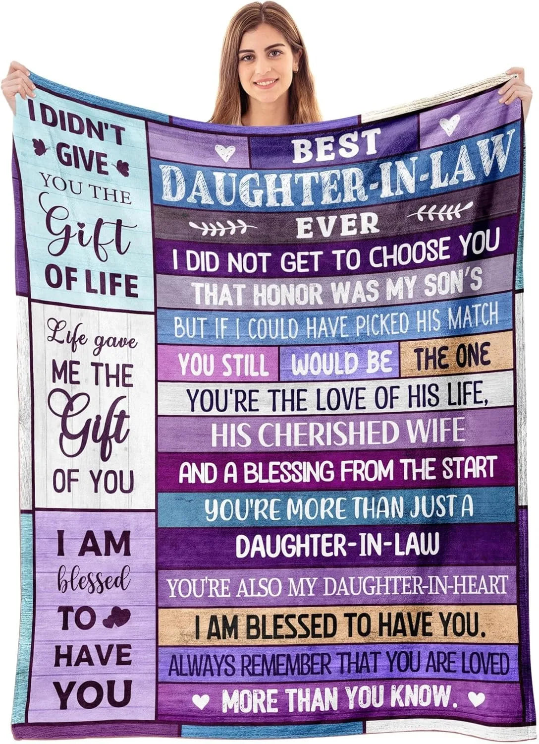 A purple and gray printed throw blanket featuring inspirational text about a daughter-in-law's love and blessing.