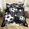 Black and white football-themed duvet cover set featuring soccer balls and stars