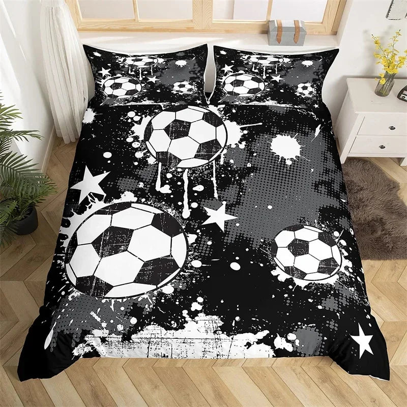 Black and white football-themed duvet cover set featuring soccer balls and stars