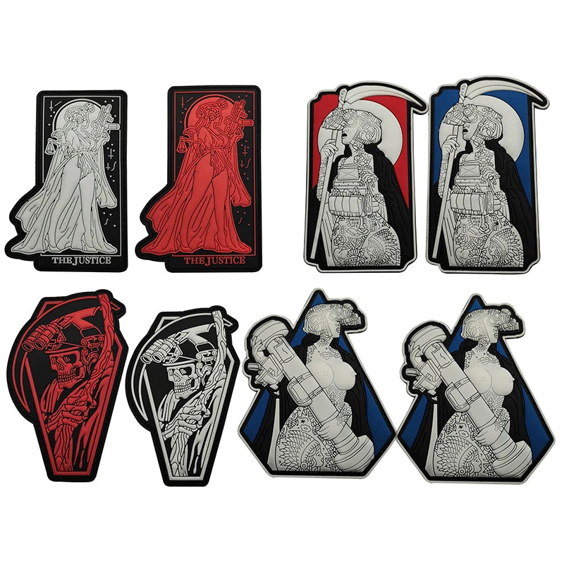 A set of glow in the dark skull biker patches featuring female figures and justice themes.