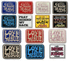 A collection of embroidered iron-on clothing patches featuring biblical phrases like Praise The Lord, Pray Behind My Back, an
