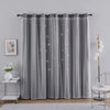 Gray sheer double-layer decorative curtains hanging in a window with a white rug below
