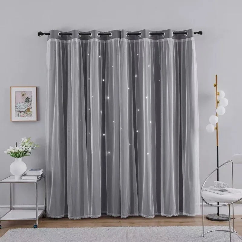 Gray sheer double-layer decorative curtains hanging in a window with a white rug below
