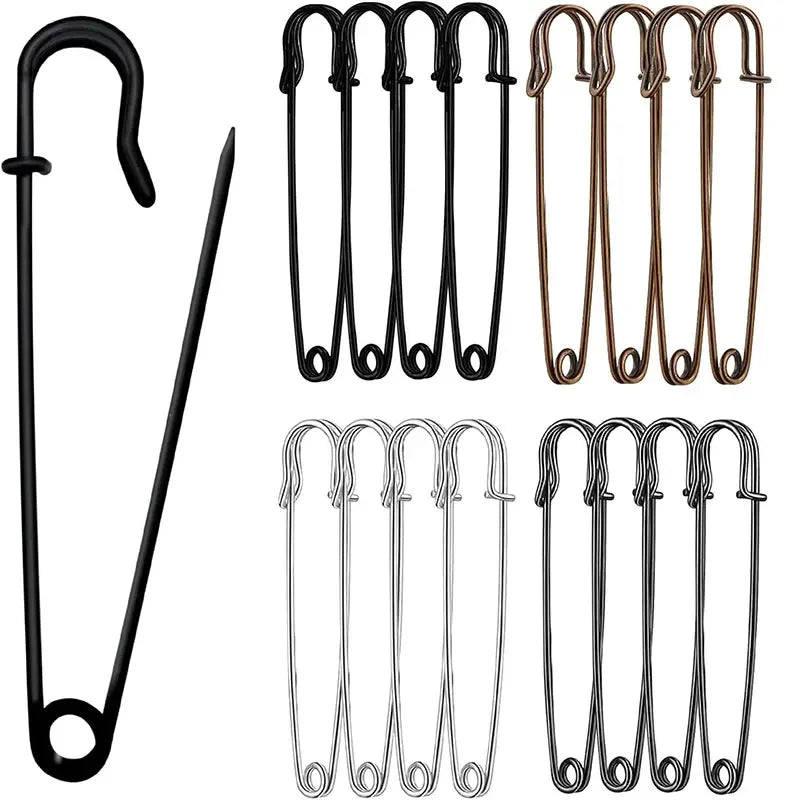A collection of heavy duty stainless steel safety pins in various styles and finishes.