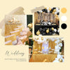 A collection of gold and black balloons, sequins, and floral arrangements used for wedding or party decor.
