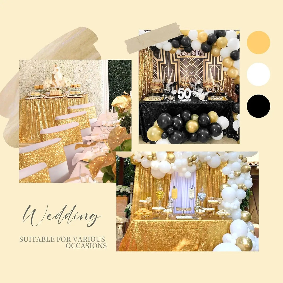 A collection of gold and black balloons, sequins, and floral arrangements used for wedding or party decor.