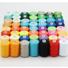 A collection of ten colored polyester sewing thread spools arranged in a row.