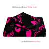 A set of two pillowcases and one duvet cover featuring a pink romantic love print on a black background.