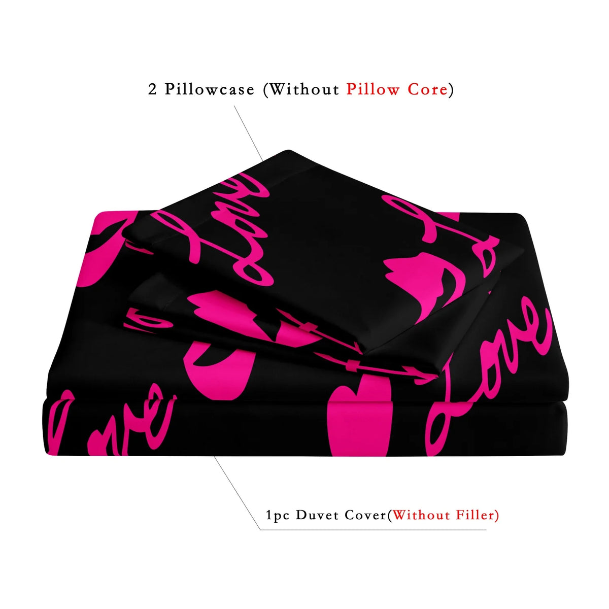 A set of two pillowcases and one duvet cover featuring a pink romantic love print on a black background.