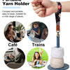 A hand holds a portable yarn holder with a decorative strap, shown alongside images of its use in café, trains, home, and par