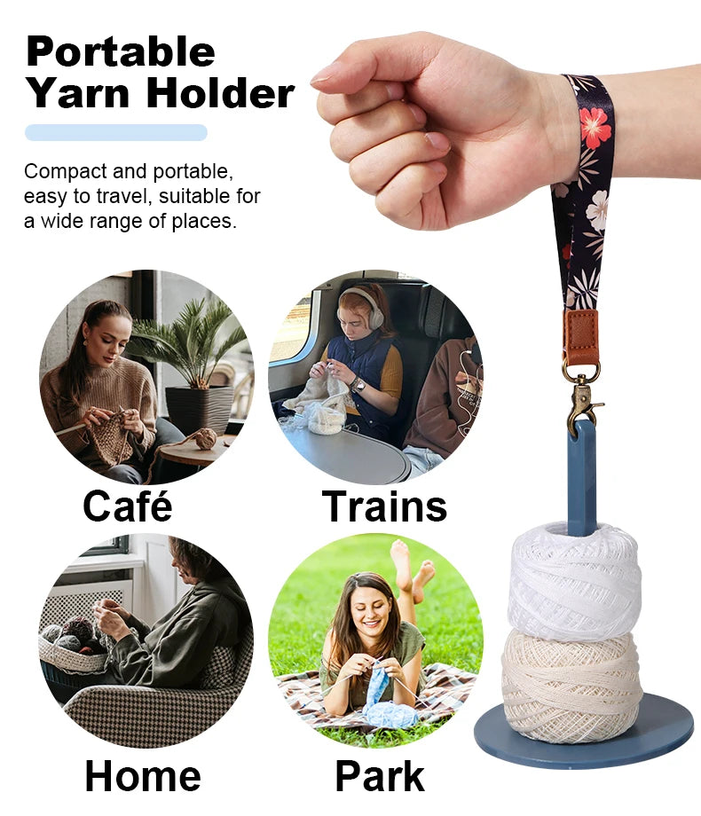 A hand holds a portable yarn holder with a decorative strap, shown alongside images of its use in café, trains, home, and par