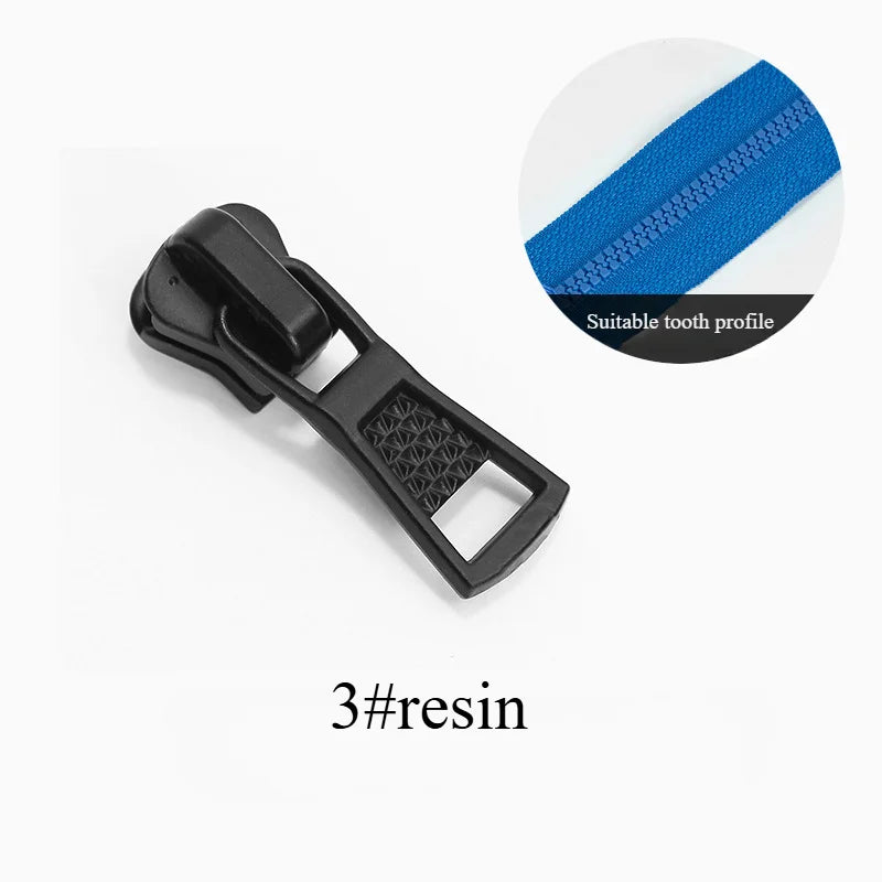 Black resin zipper sliders with a blue stitching detail for tooth profile compatibility.