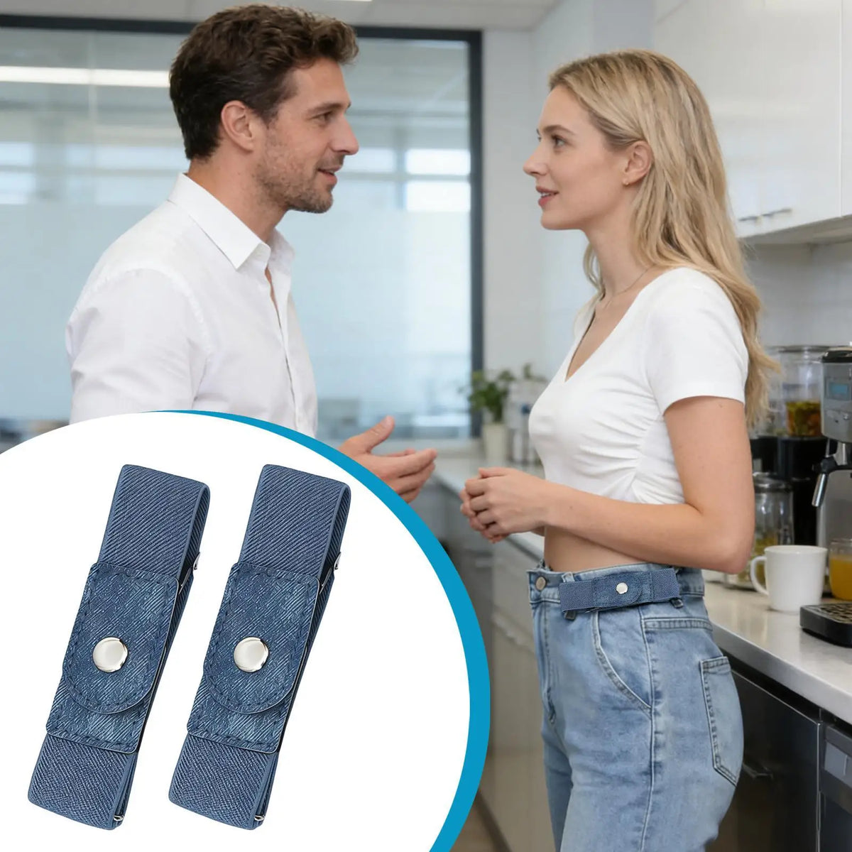 A woman is shown wearing a blue stretchable elastic belt in a kitchen setting.